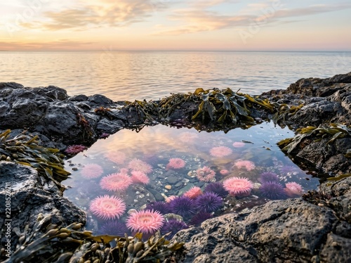 Tidepool Sea Anemones at Sunset Along a Rocky Coastline