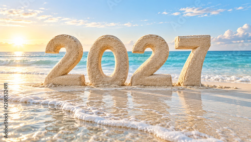 Sandy Beach Numbers 2027 Representing New Year Celebration at Sunrise on Tropical Shoreline