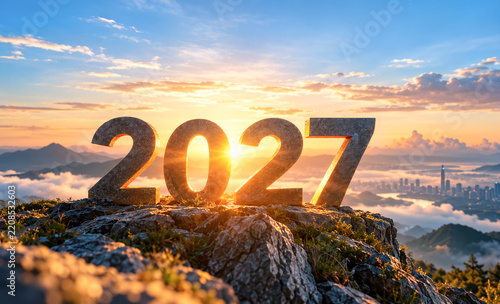 Stunning Mountain Sunrise with 2027 Numbers on Rock Overlooking City in Background