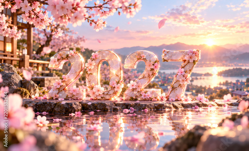 Beautiful Cherry Blossom 2027 New Year Celebration with Scenic Sunrise over Water