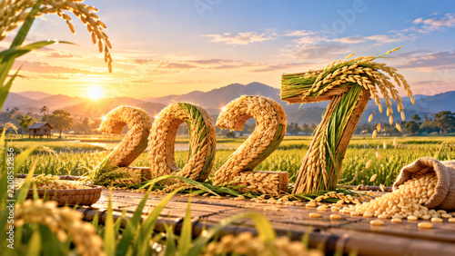Golden Rice Harvest with Year 2027 Displayed in Scenic Sunset Landscape over Fields