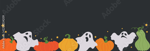A cute flat vector Halloween border banner featuring scary ghosts and orange pumpkins with small stars lined up horizontally at the bottom, isolated on a dark charcoal background.