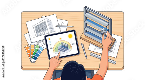 Architect Designing Sustainable Solar Shading Louver System with Digital Tablet and Blueprints