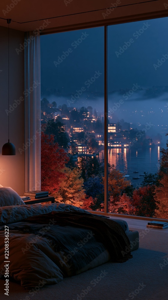 Obraz premium a serene bedroom with a panoramic view of a cityscape. The main subject is a bed with a blanket and pillows, situated in front of a large window that offers a breathtaking view of the city at night.