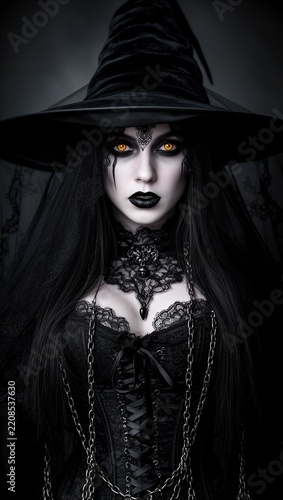 bruja, hechicera, mujer gótica, brujería, magia oscura, ocultismo, Halloween, terror, fantasía oscura, sombrero de bruja, sombrero puntiagudo, ojos dorados, ojos brillantes, maquillaje gótico, maquill