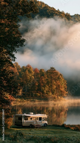 a tranquil lakeside scene during autumn. A white recreational vehicle, likely a motorhome or camper van, is parked on a grassy bank beside a calm lake. The lake reflects the surrounding trees.
