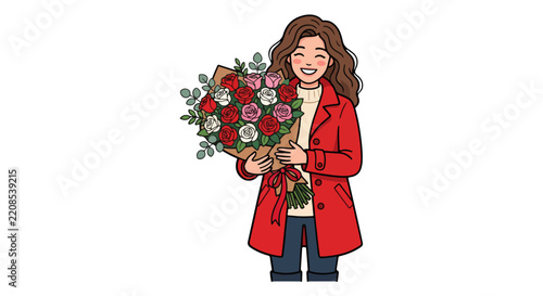 Joyful Woman Holding a Large Bouquet of Roses and Greenery