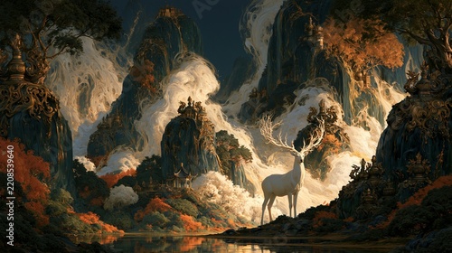 a mystical landscape. A majestic white deer with large antlers stands in the foreground, gazing into the distance. The deer is surrounded by towering, intricately carved rock formations.