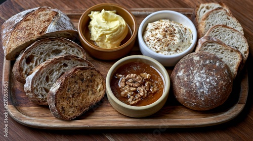a selection of artisanal breads and dips. The breads are sliced and arranged in a circular pattern, with a goldenbrown crust and a soft, fluffy interior. Two bowls contain creamy spread.