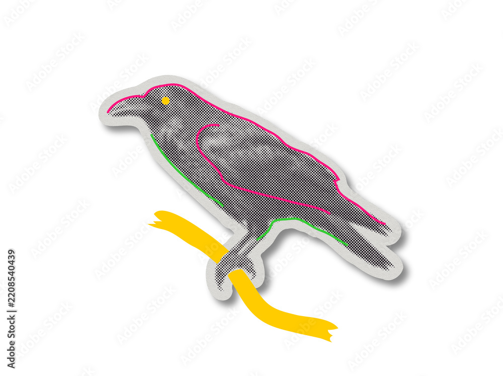 Obraz premium Halftone pop art style raven perched on a yellow branch sticker with transparent background