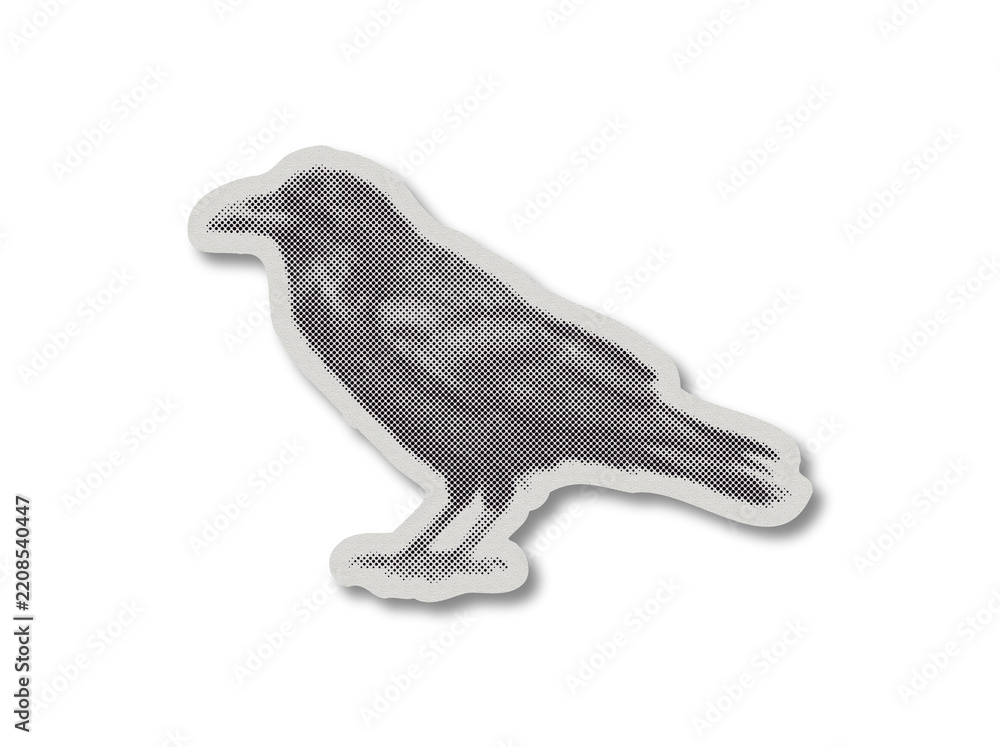 Obraz premium Halftone pop art raven sticker with paper texture cut off on transparent background