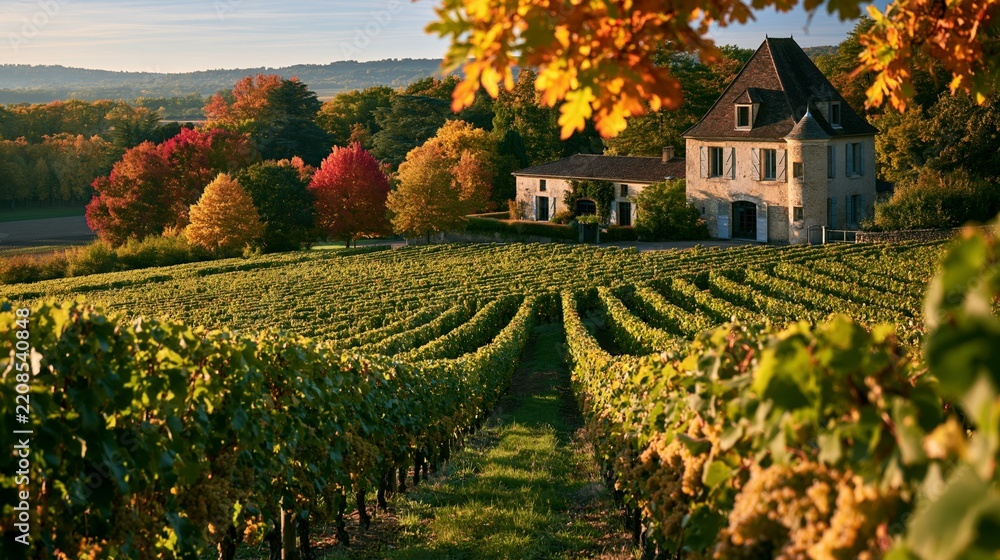 Obraz premium a picturesque vineyard scene during autumn. A stone house with a turret is the main subject, surrounded by rows of grapevines. The vineyard is bathed in the warm glow of the setting sun.