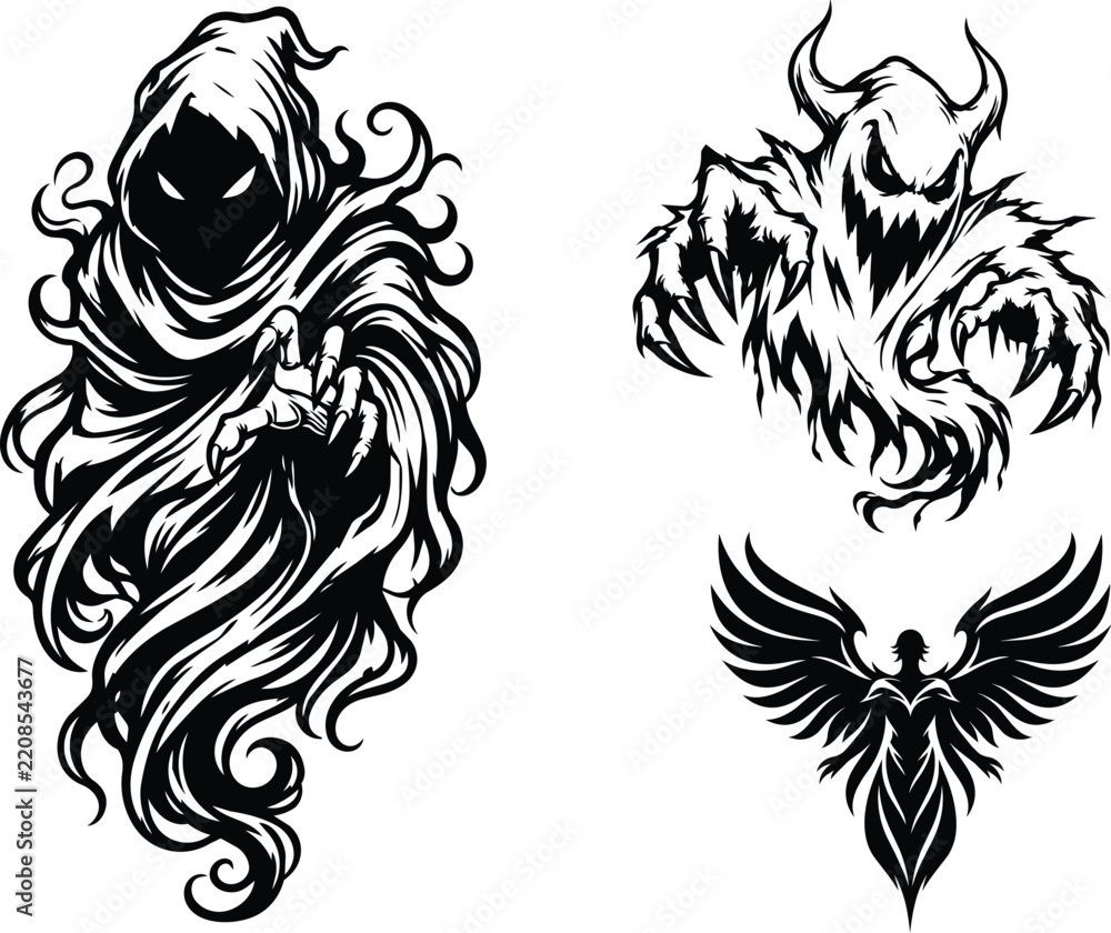 Fototapeta premium Dark Fantasy Mascot Collection Featuring Hooded Reaper Demonic Monster and Phoenix Emblems in Bold Monochrome Tattoo Style Artwork