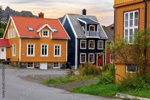 Traditional colorful Lofoten houses in Kabelvag, Norway