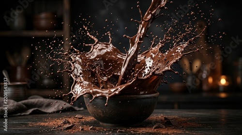 Melted dark chocolate splashing into a ceramic bowl.