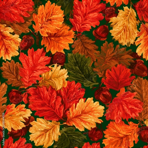 a vibrant and detailed illustration of autumn leaves and acorns. The leaves are depicted in various shades of red, orange, and yellow, with hints of green and brown. The acorns are a deep red.