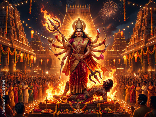 Goddess Durga with Trident During Dussehra Festival Celebration