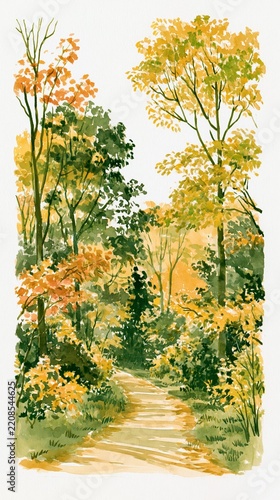 a serene forest scene during autumn. A dirt path winds through the forest, flanked by tall trees with vibrant orange and yellow leaves. The trees are depicted in various shades of green.