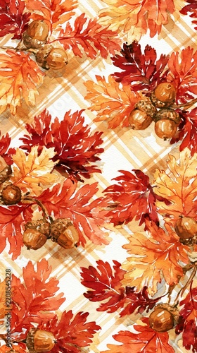 a seamless pattern of autumn leaves and acorns. The leaves are painted in vibrant reds, oranges, and yellows, with detailed textures and shading. The acorns are brown and appear to be freshly picked.