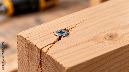 Macro close-up of wooden board with narrow crack spreading from recently driven screw near edge, realistic DIY fastening failure