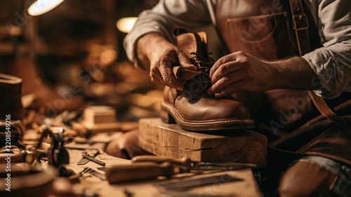 A craftsman in a leather apron works on a brown leather boot in a dimly lit workshop filled with various hand tools and wooden work surfaces