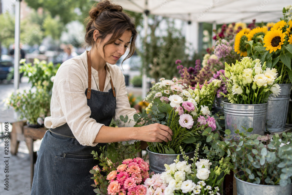 Fototapeta premium Flower seller tending buckets at a market stall