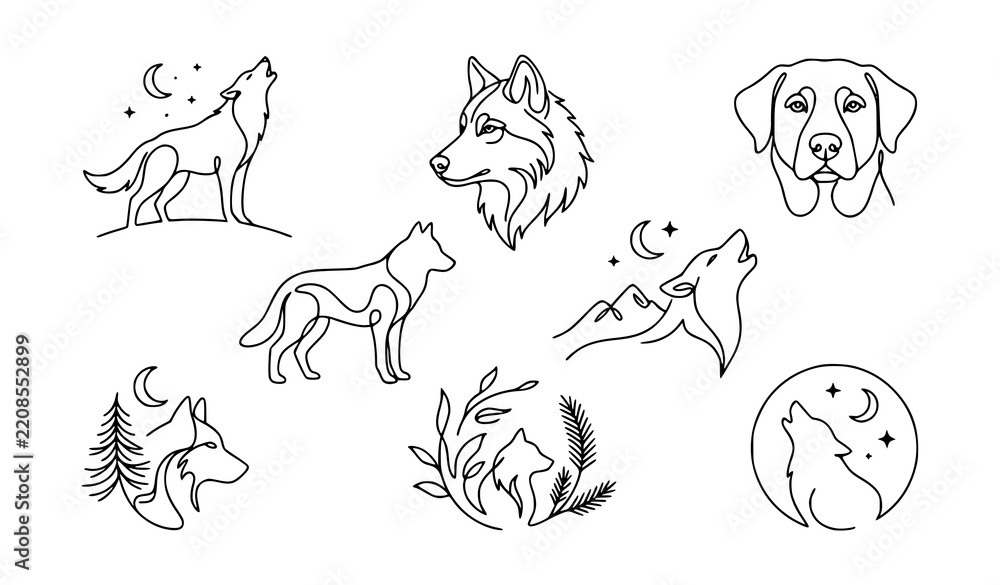 Obraz premium Howling Wolf and Dog Continuous Line Art Vector Illustration