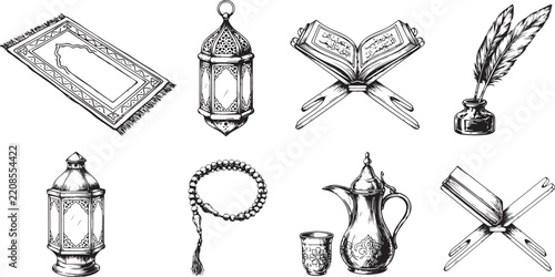 Islamic culture prayer rug lantern holy quran pen ink set beads teapot graphic elements black sketch icons for religious ritual.