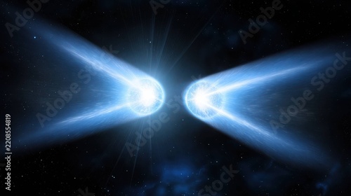 Two glowing pulsars emitting bright blue beams of cosmic energy across the starry expanse