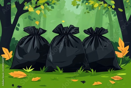 Black Trash Bags Piled in a Lush Green Park