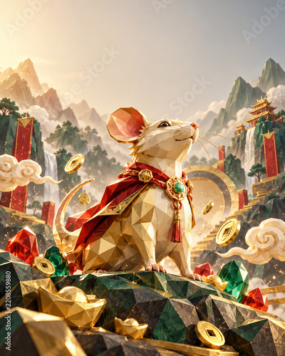 Lucky Chinese Zodiac Rat with Gold Coins and Jade in Fantasy Mountain Temple Landscape