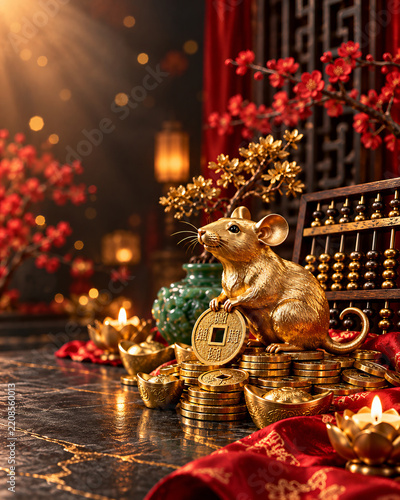 Golden Chinese Zodiac Rat with Ancient Coins and Abacus for Wealth and Prosperity