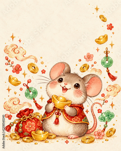 Cute Watercolor Chinese Zodiac Rat Holding Gold Ingot for Lunar New Year Prosperity