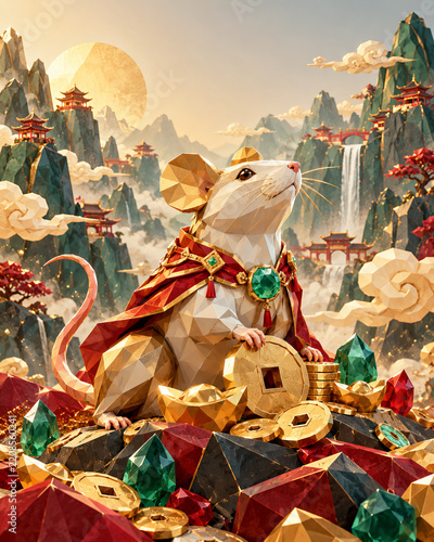 Lucky Chinese Zodiac Rat with Gold Coins and Jade in Fantasy Mountain Temple Landscape
