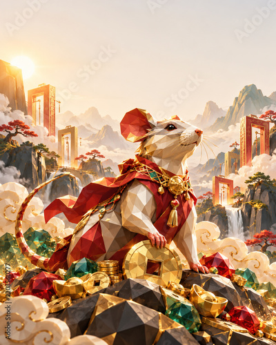 Lucky Chinese Zodiac Rat with Gold Coins and Jade in Fantasy Mountain Temple Landscape
