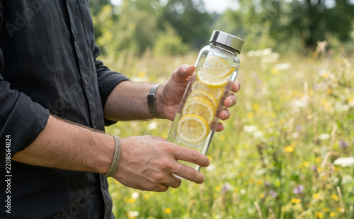 Young adult man holding a glass water bottle with lemon slices in a nature meadow