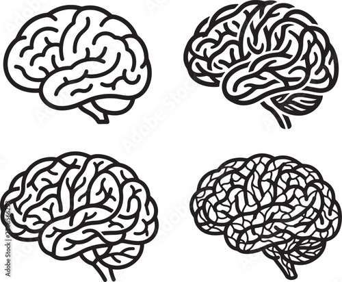 Human Brain Illustration Collection, Detailed Neuroscience Line Art, Black and White Brain Anatomy Drawings, Medical Psychology and Science Concept