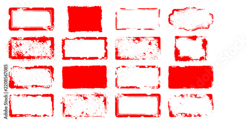 A collection of 16 red, distressed, and grungy rectangular stamp outlines, some solid and some with textured borders, arranged in a 4x4 grid against a plain background, ready for design use.