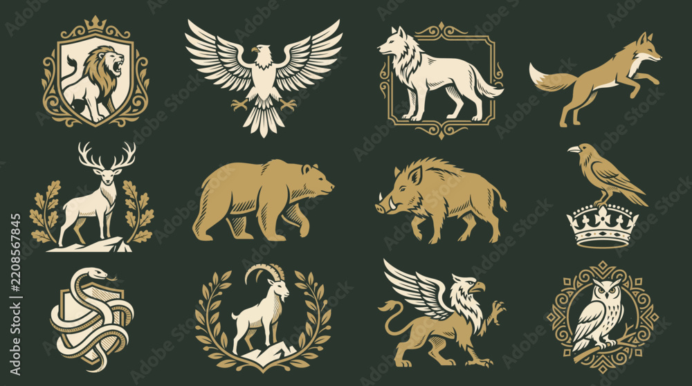 Fototapeta premium Heraldic Animal Crests Vector Set featuring Lion, Eagle, Wolf, Bear, and Deer Logo Icons; Vintage Wildlife Badges for Luxury Branding, Coat of Arms Design, and Royal Emblems.