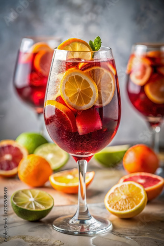 Sparkling sangria with citrus slices in glass, red beverage with ice. Orange, lemon, lime, mint garnish enhance sparkling sangria with citrus slices.