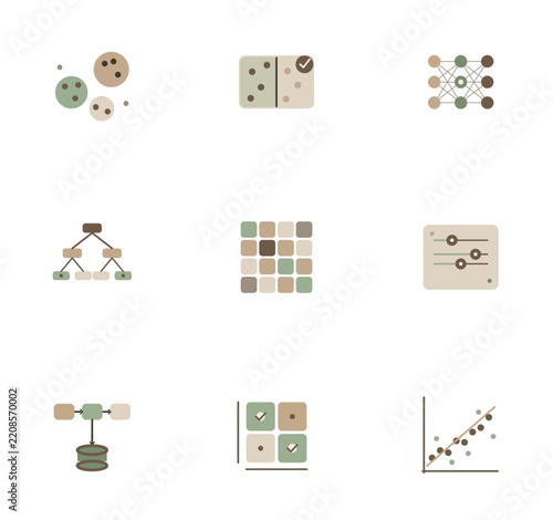 Data science and machine learning flat vector icon set for analytics