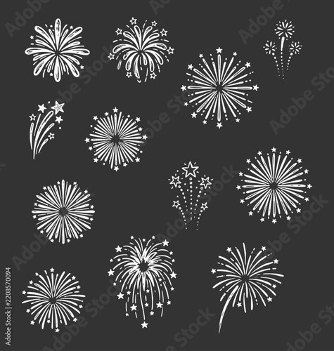 Hand Drawn Fireworks Celebration Bursting Sparks Set Vector Illustration