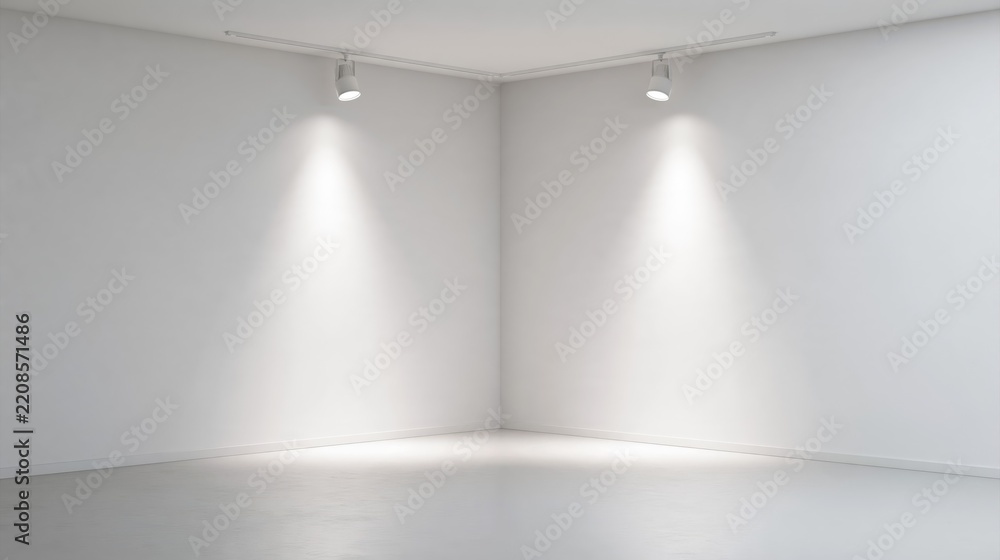 Obraz premium Empty white corner room with two ceiling-mounted spotlights casting bright beams of light onto blank walls and a smooth floor