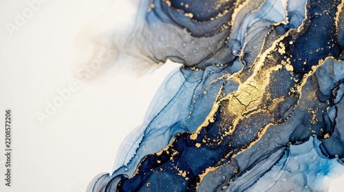 Abstract fluid background with flowing navy blue and light blue ink washes accented by shimmering gold metallic veins and organic marble like textures on a white surface