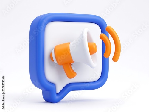 3D icon of an orange megaphone placed inside a blue speech bubble for announcement concepts
