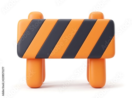 3D render of yellow and black striped construction road barrier on white background with hazard sign
