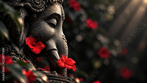 Statue elephant flower temple red hibiscus in dark garden light with calm mood