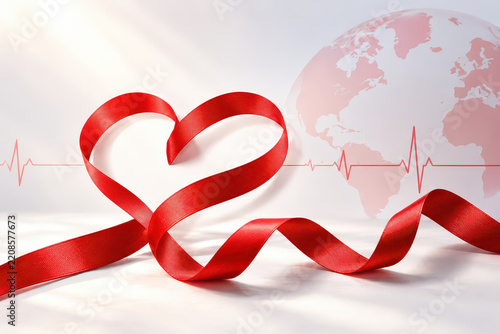 Red ribbon heart health awareness, cardiology support with global pulse