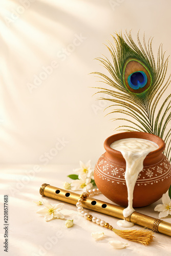 Clay pot, milk, peacock feather, flute, flower on soft devotional background