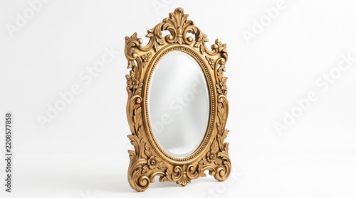 An ornate golden oval mirror with intricate carved floral details standing on a plain white surface background with floral patterns stands